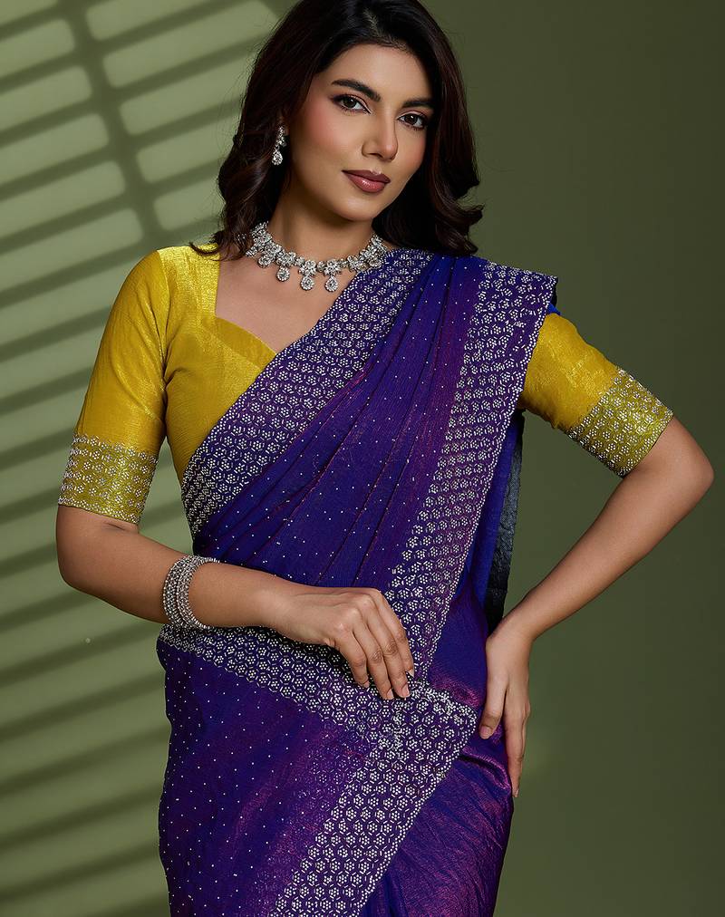 Purple silk chiffon embellished saree with unstitched blouse piece