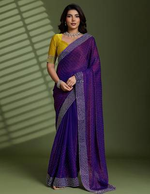 Purple silk blend chiffon embellished saree with unstitched blouse piece 2