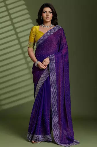 Purple silk blend chiffon embellished saree with unstitched blouse piece