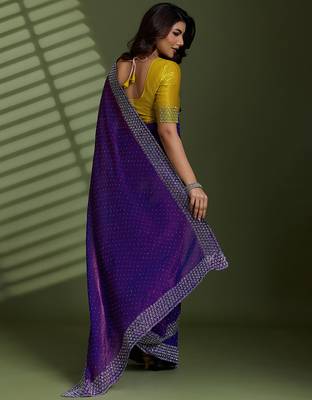 Purple silk blend chiffon embellished saree with unstitched blouse piece 3