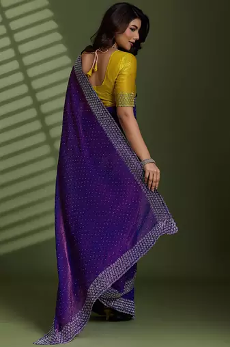 Purple silk blend chiffon embellished saree with unstitched blouse piece