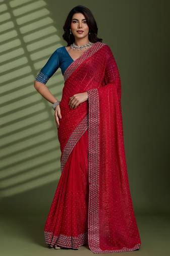 Rani silk chiffon embellished saree with unstitched blouse piece