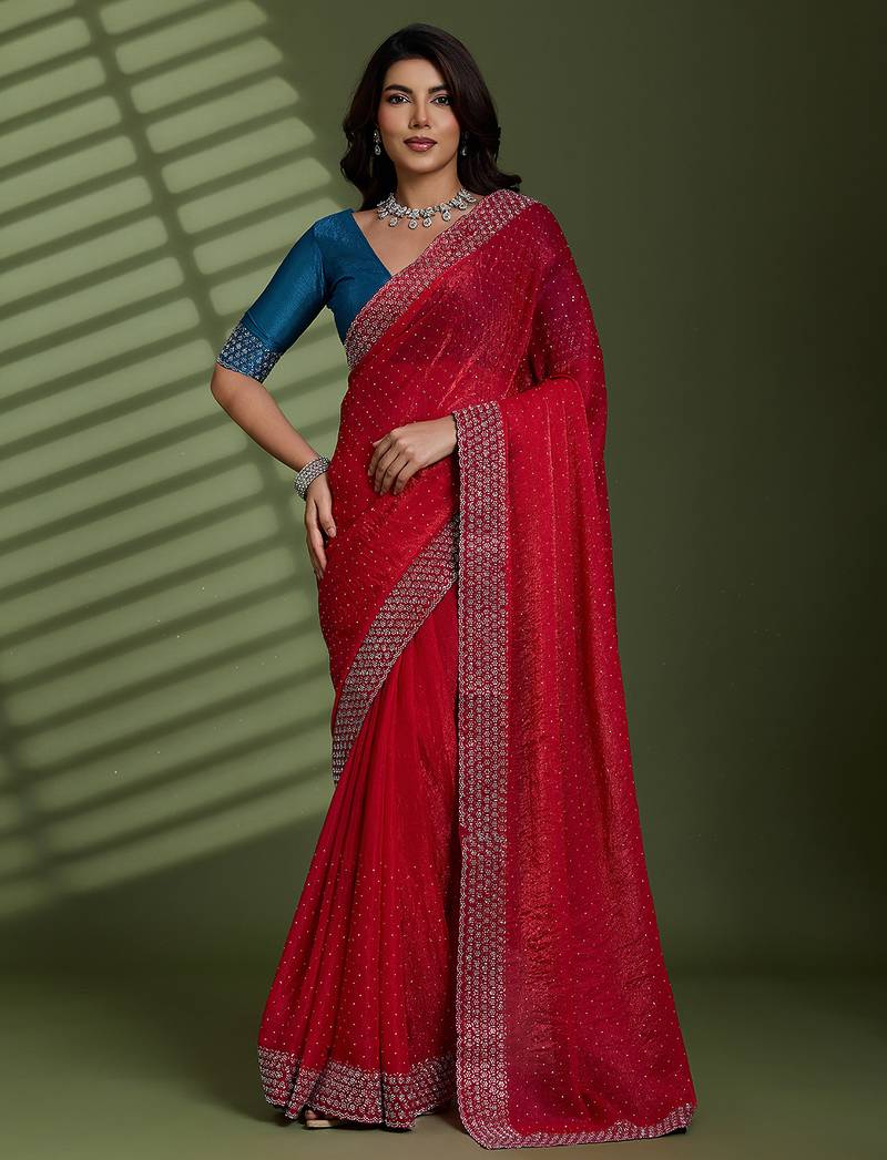Rani silk chiffon embellished saree with unstitched blouse piece