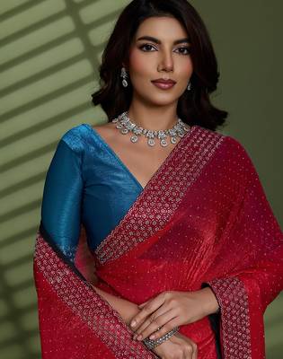 Rani silk blend chiffon embellished saree with unstitched blouse piece 2