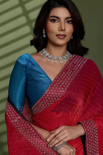 Rani silk blend chiffon embellished saree with unstitched blouse piece