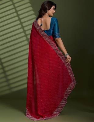 Rani silk blend chiffon embellished saree with unstitched blouse piece 3