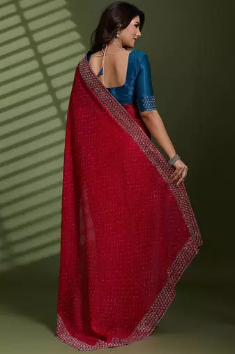 Rani silk blend chiffon embellished saree with unstitched blouse piece