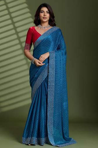 Teal silk chiffon embellished saree with unstitched blouse piece