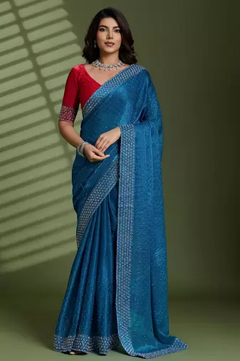 Teal silk chiffon embellished saree with unstitched blouse piece