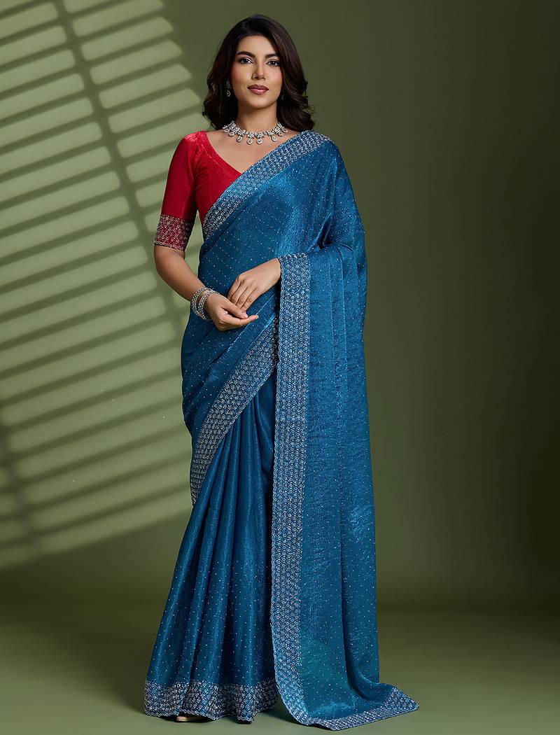 Teal silk chiffon embellished saree with unstitched blouse piece