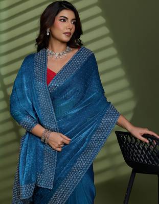Teal silk blend chiffon embellished saree with unstitched blouse piece 2
