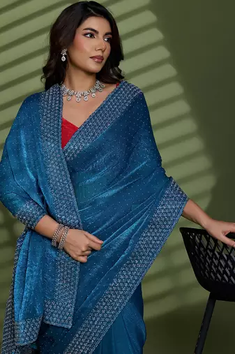 Teal silk blend chiffon embellished saree with unstitched blouse piece