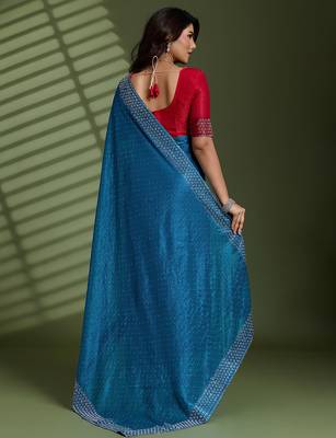 Teal silk blend chiffon embellished saree with unstitched blouse piece 3