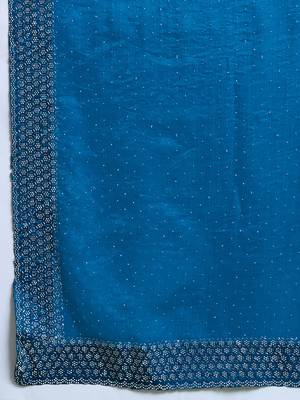 Teal silk blend chiffon embellished saree with unstitched blouse piece 5