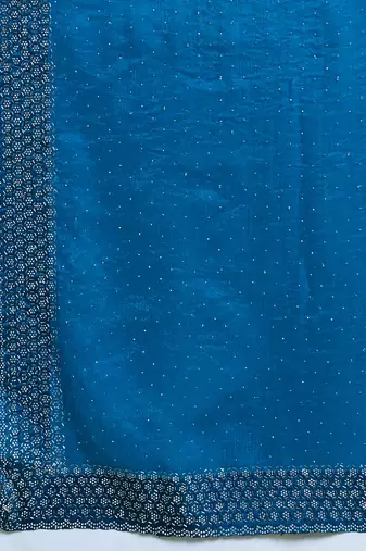 Teal silk blend chiffon embellished saree with unstitched blouse piece