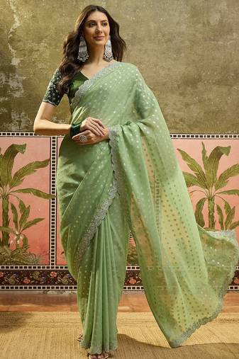 Green georgette embroidered saree with unstitched blouse piece