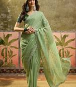 Green georgette embroidered saree with unstitched blouse piece