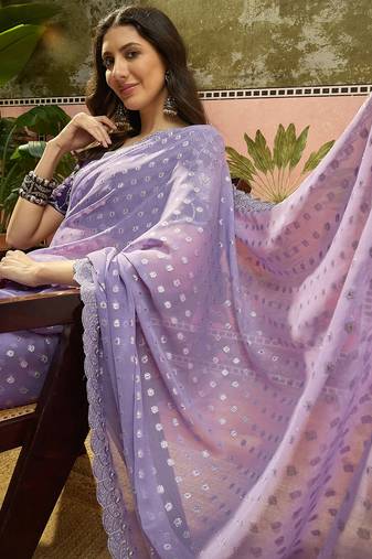 Lilac georgette embroidered saree with unstitched blouse piece