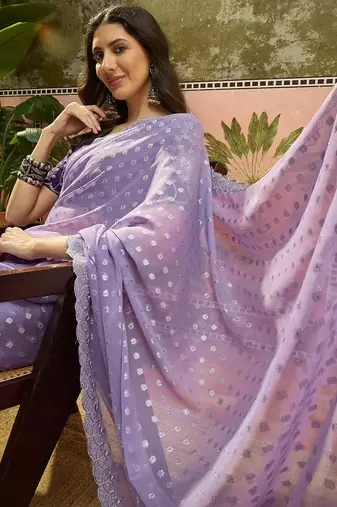 Lilac georgette embroidered saree with unstitched blouse piece