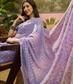 Lilac georgette embroidered saree with unstitched blouse piece