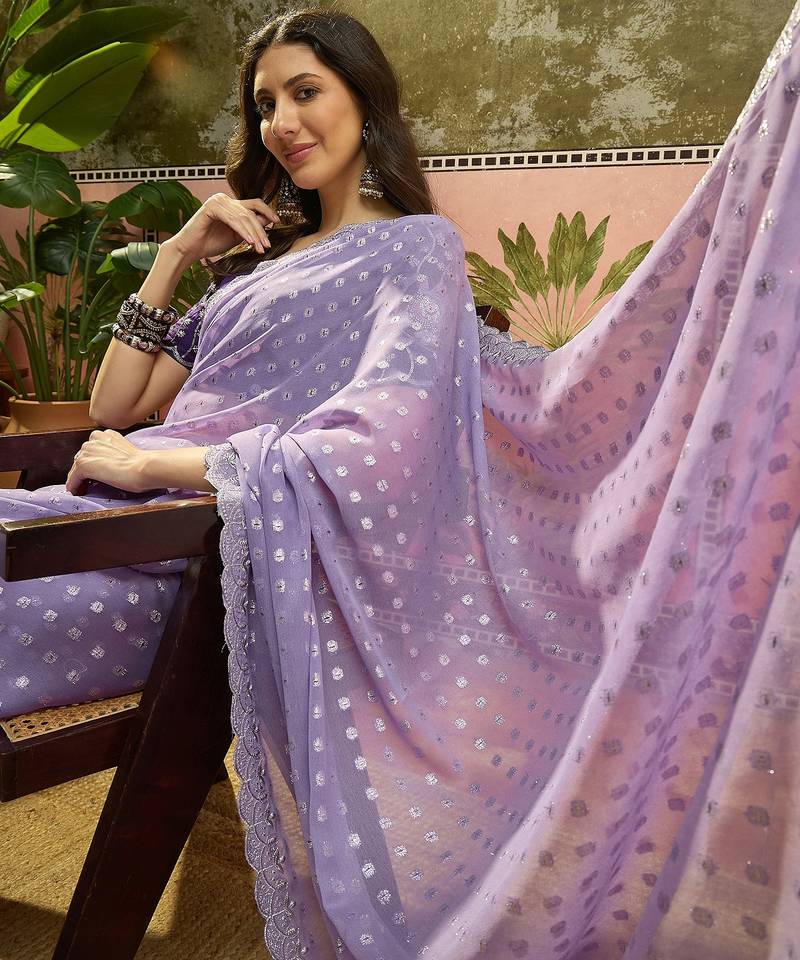 Lilac georgette embroidered saree with unstitched blouse piece