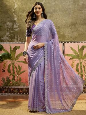 Lilac georgette embroidered saree with unstitched blouse piece 2