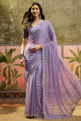 Lilac georgette embroidered saree with unstitched blouse piece