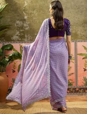 Lilac georgette embroidered saree with unstitched blouse piece 4
