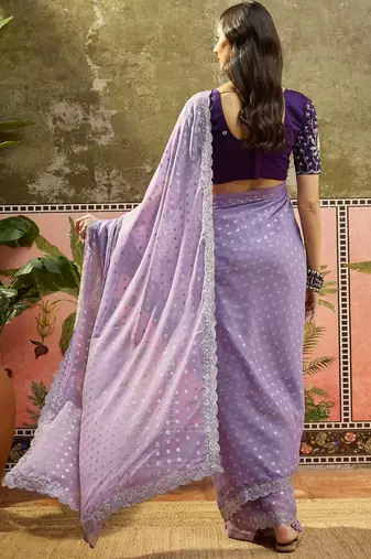 Lilac georgette embroidered saree with unstitched blouse piece