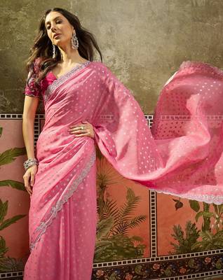 Pink georgette embroidered saree with unstitched blouse piece 1