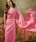 Pink georgette embroidered saree with unstitched blouse piece