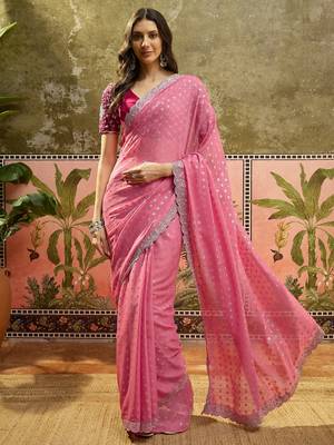 Pink georgette embroidered saree with unstitched blouse piece 2