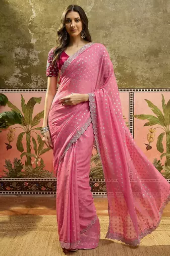 Pink georgette embroidered saree with unstitched blouse piece