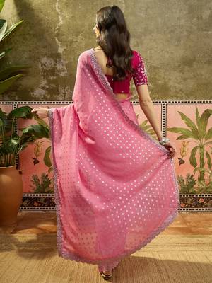 Pink georgette embroidered saree with unstitched blouse piece 4