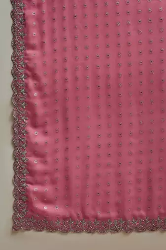 Pink georgette embroidered saree with unstitched blouse piece