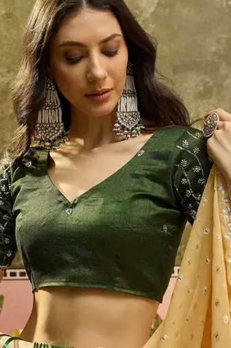 Yellow georgette embroidered saree with unstitched blouse piece