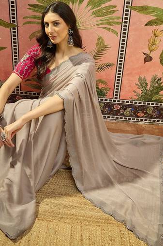Grey chiffon embellisehd saree with unstitched blouse piece