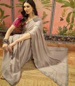 Grey chiffon embellisehd saree with unstitched blouse piece