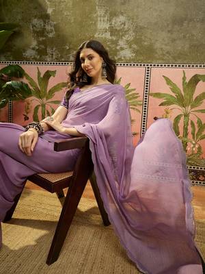Lilac chiffon embellisehd saree with unstitched blouse piece 1