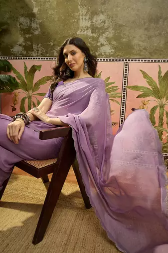 Lilac chiffon embellisehd saree with unstitched blouse piece
