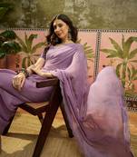Lilac chiffon embellisehd saree with unstitched blouse piece