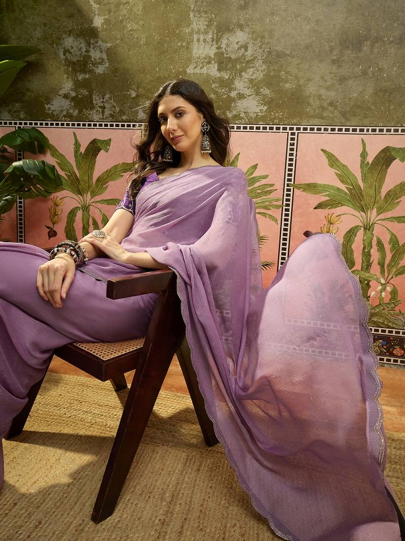 Lilac chiffon embellisehd saree with unstitched blouse piece
