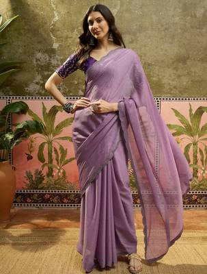 Lilac chiffon embellisehd saree with unstitched blouse piece 2