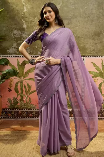 Lilac chiffon embellisehd saree with unstitched blouse piece