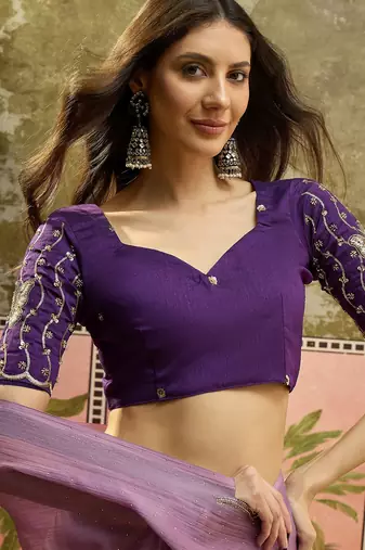 Lilac chiffon embellisehd saree with unstitched blouse piece
