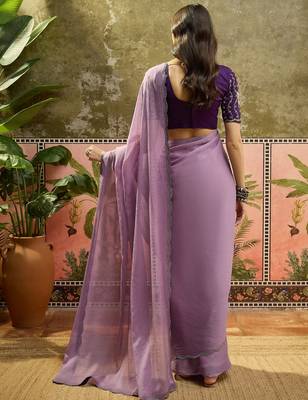Lilac chiffon embellisehd saree with unstitched blouse piece 4