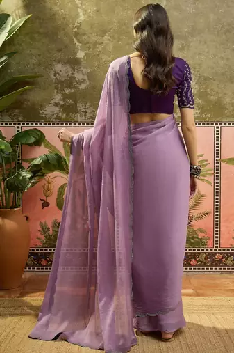 Lilac chiffon embellisehd saree with unstitched blouse piece