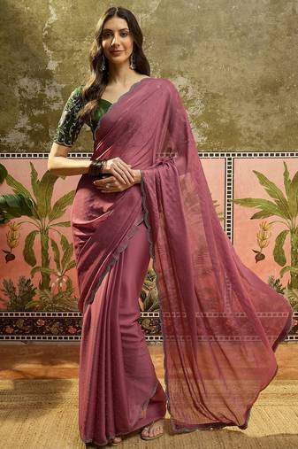Pink chiffon embellisehd saree with unstitched blouse piece