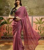 Pink chiffon embellisehd saree with unstitched blouse piece