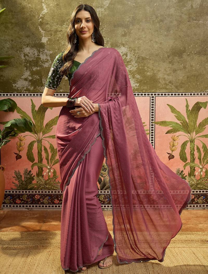 Pink chiffon embellisehd saree with unstitched blouse piece